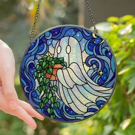Whimsical Art Lovers' Tiffany Stained Glass Ghost Mosaic Ethereal Blues Green Terracotta Jewel Tones Stained Glass Suncatcher