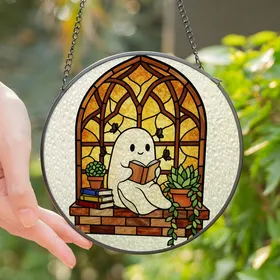 Cozy Aesthetic Fans' Whimsical Stained Glass Ghost Reading Warm Jewel Tone Arched Window Art Stained Glass Suncatcher