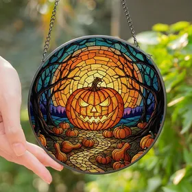 Halloween Enthusiasts' Glowing Jack-o'-Lantern Stained Glass Mosaic Orange Teal Twilight Stained Glass Suncatcher
