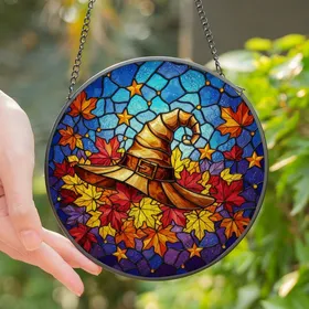 Fantasy Art Lovers' Tiffany Stained Glass Whimsical Witch Hat Autumn Foliage Rich Jewel Tone Design Stained Glass Suncatcher