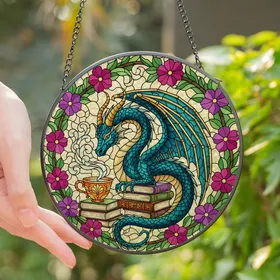 Fantasy Lovers' Vibrant Tiffany Style Stained Glass Teal Blue Dragon Books & Teacup Design Stained Glass Suncatcher