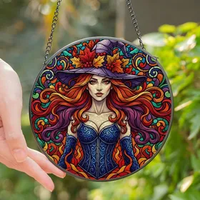 Fantasy Art Lovers' Captivating Witch Stained Glass Design, Jewel Tone Autumnal Foliage & Swirling Mosaic Stained Glass Suncatcher