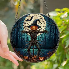 Halloween Enthusiasts' Jewel Tone Stained Glass Scarecrow Jack-o'-Lantern Forest Stained Glass Suncatcher