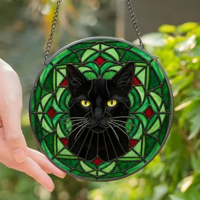 Black Cat Lovers' Intricate Tiffany Stained Glass Emerald Black Cat Yellow Eyes Mosaic Stained Glass Suncatcher