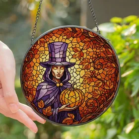 Stained Glass Art Lovers' Mysterious Cloaked Figure, Purple Hat, Glowing Pumpkin & Autumn Mosaic Stained Glass Suncatcher