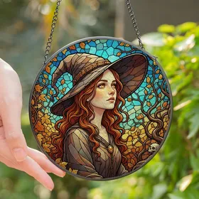 Fantasy Art Lovers' Tiffany Stained Glass Witch Autumnal Foliage Geometric Mosaic Jewel Tones Stained Glass Suncatcher
