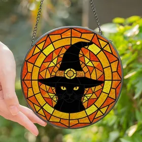 Mystical Cat Lovers' Tiffany Stained Glass Black Cat Witch Hat Amber Orange Yellow Geometric Mosaic Stained Glass Suncatcher