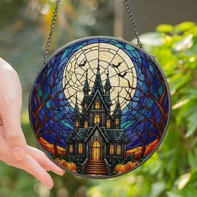 Gothic Art Enthusiasts' Stained Glass Haunted Mansion Full Moon Mosaic Teal Orange Design Stained Glass Suncatcher