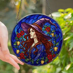 Witchcore Lovers' Jewel Tone Stained Glass Witch Autumnal Florals Mystic Blue Swirl Mosaic Stained Glass Suncatcher