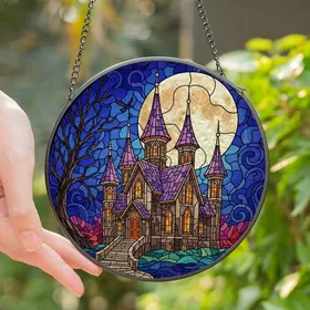 Gothic Art Lovers' Intricate Tiffany-Inspired Stained Glass Haunted Mansion Full Moon Jewel Tone Design Stained Glass Suncatcher