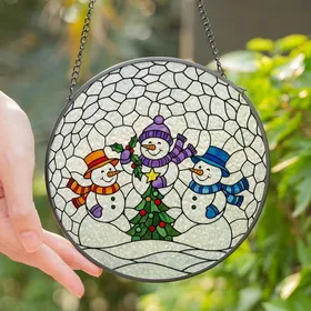 Christmas Enthusiasts' Intricate Stained Glass Snowmen Tree Holly Jewel Tone Mosaic Art Stained Glass Suncatcher