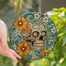 Vibrant Art Lover's Ornate Day of the Dead Sugar Skull Stained Glass Floral Mosaic Jewel Tones Stained Glass Suncatcher