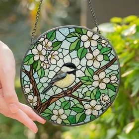 Nature Lovers' Tiffany Stained Glass Chickadee, Pink Apple Blossoms, Vibrant Green & Blue Mosaic Jewel Tones Stained Glass Suncatcher