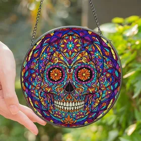 Art Enthusiasts' Vibrant Stained Glass Mosaic Sugar Skull Fuchsia Blue Yellow Orange Stained Glass Suncatcher