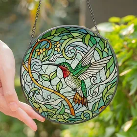 Nature Lovers' Intricate Tiffany Stained Glass Hummingbird Emerald Ruby Amber Botanical Mosaic Stained Glass Suncatcher