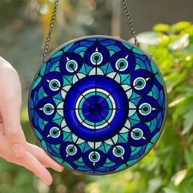 Intricate Art Lovers' Deep Blue Tiffany Stained Glass Evil Eye Mandala Mosaic Pattern Stained Glass Suncatcher