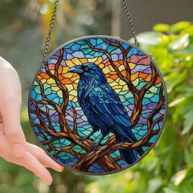 Art Lovers' Tiffany Stained Glass Raven Iridescent Blue Black Jewel Tone Mosaic Art Stained Glass Suncatcher