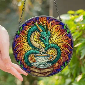 Fantasy Art Enthusiasts' Vibrant Turquoise Dragon Teacup Books Floral Tiffany Stained Glass Mosaic Art Stained Glass Suncatcher