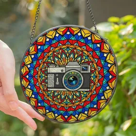 Photography Enthusiast's Tiffany Stained Glass Vintage Camera Mandala Jewel Tones Pattern Stained Glass Suncatcher