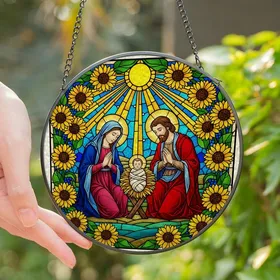 Sacred Art Enthusiasts Stained Glass Nativity Tiffany Style, Vibrant Jewel Tone Mary Joseph Jesus Manger, Sunburst Floral Mosaic Stained Glass Suncatcher