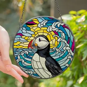 Nature Lovers' Detailed Stained Glass Atlantic Puffin Teal Magenta Yellow Mosaic Stained Glass Suncatcher