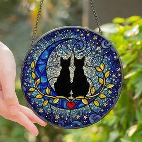 Mystical Cat Lovers' Intricate Stained Glass Black Cats Moon Stars Jewel Tone Art Stained Glass Suncatcher