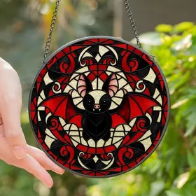 Bat Lovers' Tiffany Style Cute Bat Vibrant Red Black Cream Stained Glass Geometric Mosaic Stained Glass Suncatcher