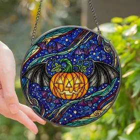 Halloween Fans' Intricate Tiffany Style Stained Glass Jack-o'-Lantern Bat Night Sky Design with Jewel Tones Stained Glass Suncatcher