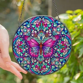Nature Lovers' Tiffany Glass Butterfly Mosaic Pink Purple Blue Geometric Floral Filigree Stained Glass Suncatcher