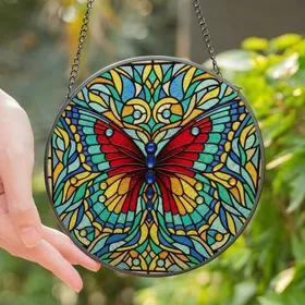 Art Lovers' Majestic Stained Glass Butterfly Gem Mosaic Deep Blue Teal Golden Yellow Art Stained Glass Suncatcher