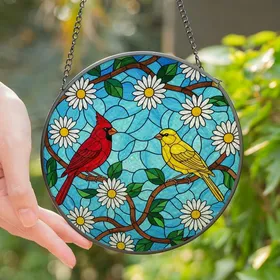 Nature Lovers' Vibrant Jewel Tone Cardinal Finch Daisy Stained Glass Mosaic Stained Glass Suncatcher