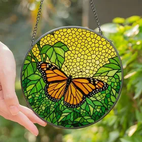 Nature Lovers' Vibrant Orange Monarch Butterfly Stained Glass Art Tiffany Style Jewel Tone Mosaic Edge-to-Edge Design Stained Glass Suncatcher