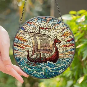 Viking Enthusiasts' Majestic Longship Dragon Head Stained Glass Art Turbulent Sea Mosaic Glowing Jewel Tones Stained Glass Suncatcher