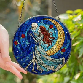 Romantic Art Lovers' Tiffany Stained Glass Skeletal Couple Dance Deep Blue Gold Amber Crescent Moon Mosaic Stained Glass Suncatcher