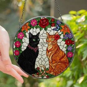 Cat Lovers' Vibrant Stained Glass Black Cat Orange Tabby Tiffany Floral Mosaic Stained Glass Suncatcher