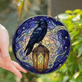 Gothic Art Lovers' Edge-to-Edge Stained Glass Raven Gothic Lantern Black Amber Gold Twilight Sky Mosaic Stained Glass Suncatcher