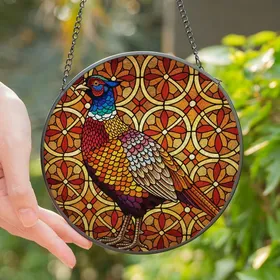 Nature Lovers' Intricate Tiffany Style Stained Glass Quail Pheasant Mosaic Art Jewel Tones Orange Yellow Red Stained Glass Suncatcher