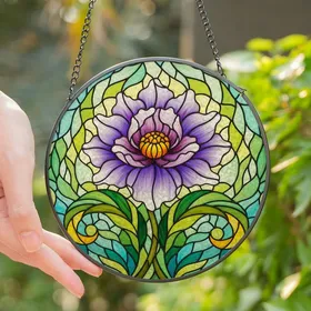Art Lovers' Vibrant Tiffany Style Stained Glass Purple Lavender Floral Mosaic with Jewel Tones Stained Glass Suncatcher