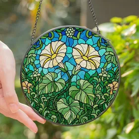 Nature Lovers' Intricate Tiffany Stained Glass Morning Glory Jewel Tone Garden Mosaic Stained Glass Suncatcher