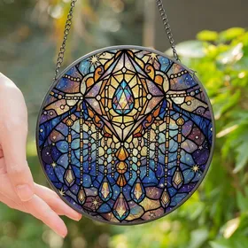 Art Enthusiasts' Tiffany Stained Glass Jewel Tone Rhombus Crystal Celestial Mosaic Stained Glass Suncatcher