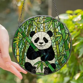 Panda Lovers' Tiffany Style Stained Glass Chubby Panda Bamboo Jewel Tone Art Stained Glass Suncatcher