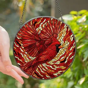Nature Lovers' Vibrant Red Cardinal Flight Intricate Stained Glass Jewel Tone Mosaic Stained Glass Suncatcher