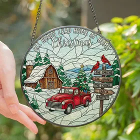 Christmas Enthusiasts' Tiffany Style Stained Glass Vintage Red Truck Winter Homecoming Scene Stained Glass Suncatcher
