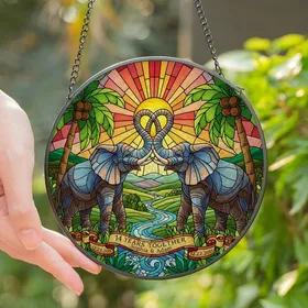 Art Enthusiasts' Tiffany Stained Glass Elephant Heart Tropical Jewel Tone Mosaic Stained Glass Suncatcher
