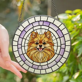 Pomeranian Lovers' Tiffany Style Stained Glass Art Fluffy Dog Golden Brown Lavender Mosaic Stained Glass Suncatcher