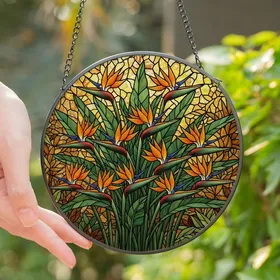 Women's Vibrant Orange Blue Green Tiffany Stained Glass Floral Mosaic Stained Glass Suncatcher