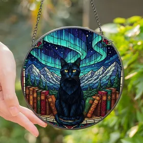 Cat Lovers' Stained Glass Black Cat Aurora Borealis Gothic Bookshelf Jewel Tone Mosaic Art Stained Glass Suncatcher