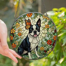 Boston Terrier Lovers' Vibrant Tiffany Style Stained Glass Monarch Butterfly Jewel Tone Garden Stained Glass Suncatcher