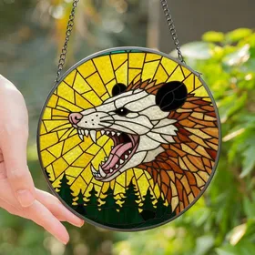 Wildlife Art Lovers' Fierce Opossum Stained Glass Mosaic, Yellow Sky & Deep Forest Green Trees Stained Glass Suncatcher