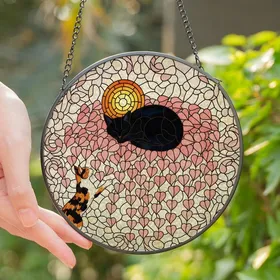 Cat Lovers' Intricate Tiffany Stained Glass Black & Calico Cats Pink Amber Heart Leaves Mosaic Stained Glass Suncatcher